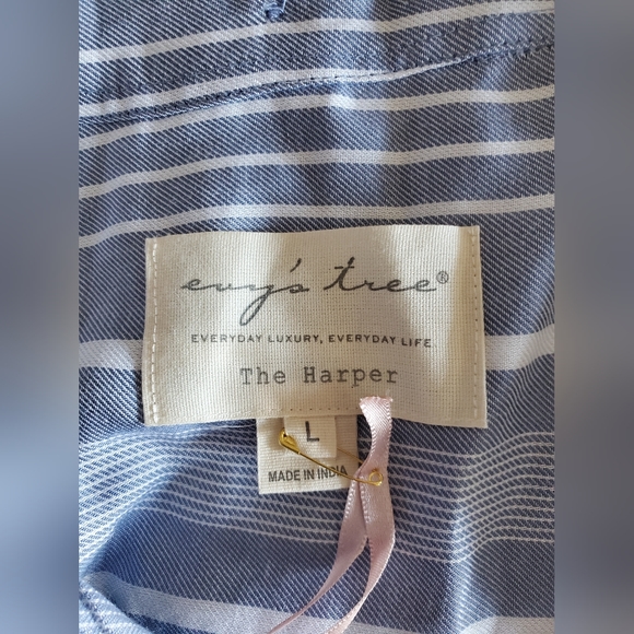Evy's Tree The Harper Blue Striped Shirt Dress Women's Size L Boho Chic NWT - Picture 7 of 12